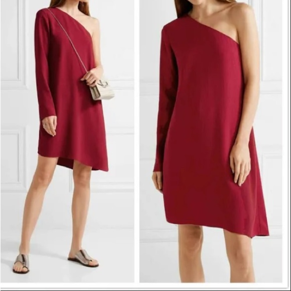 Theory Red One Shoulder Long Sleeve Dress Angled Hemline Size 0